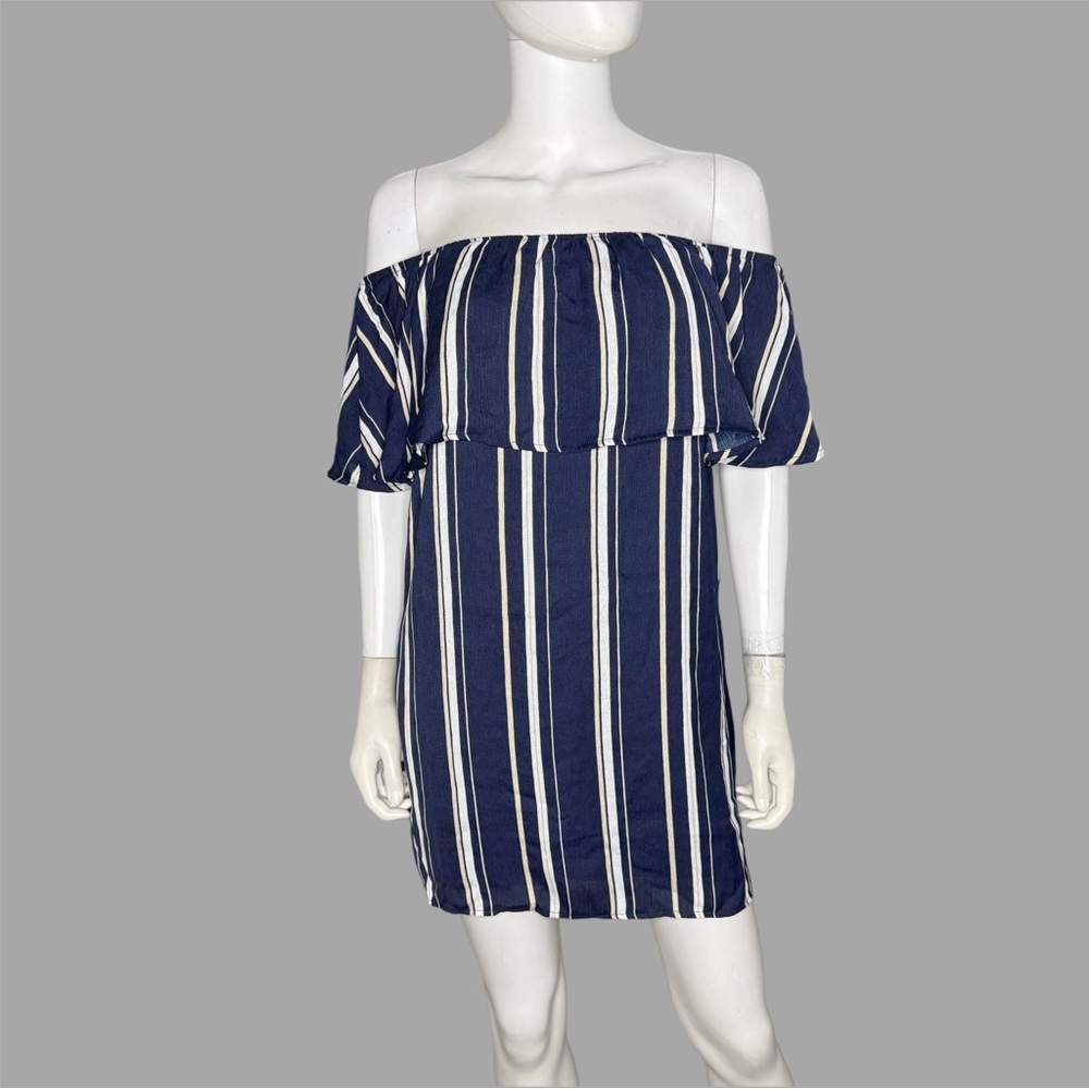 Forever 21 Off The‎ Shoulder Navy and White Striped Mini Dress